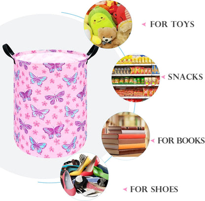Round Butterfly Pattern Laundry Hamper Storage Basket Fabric Material Storage Hamper Organization Basket, Storage Bin, Gift Box with Handles for Room