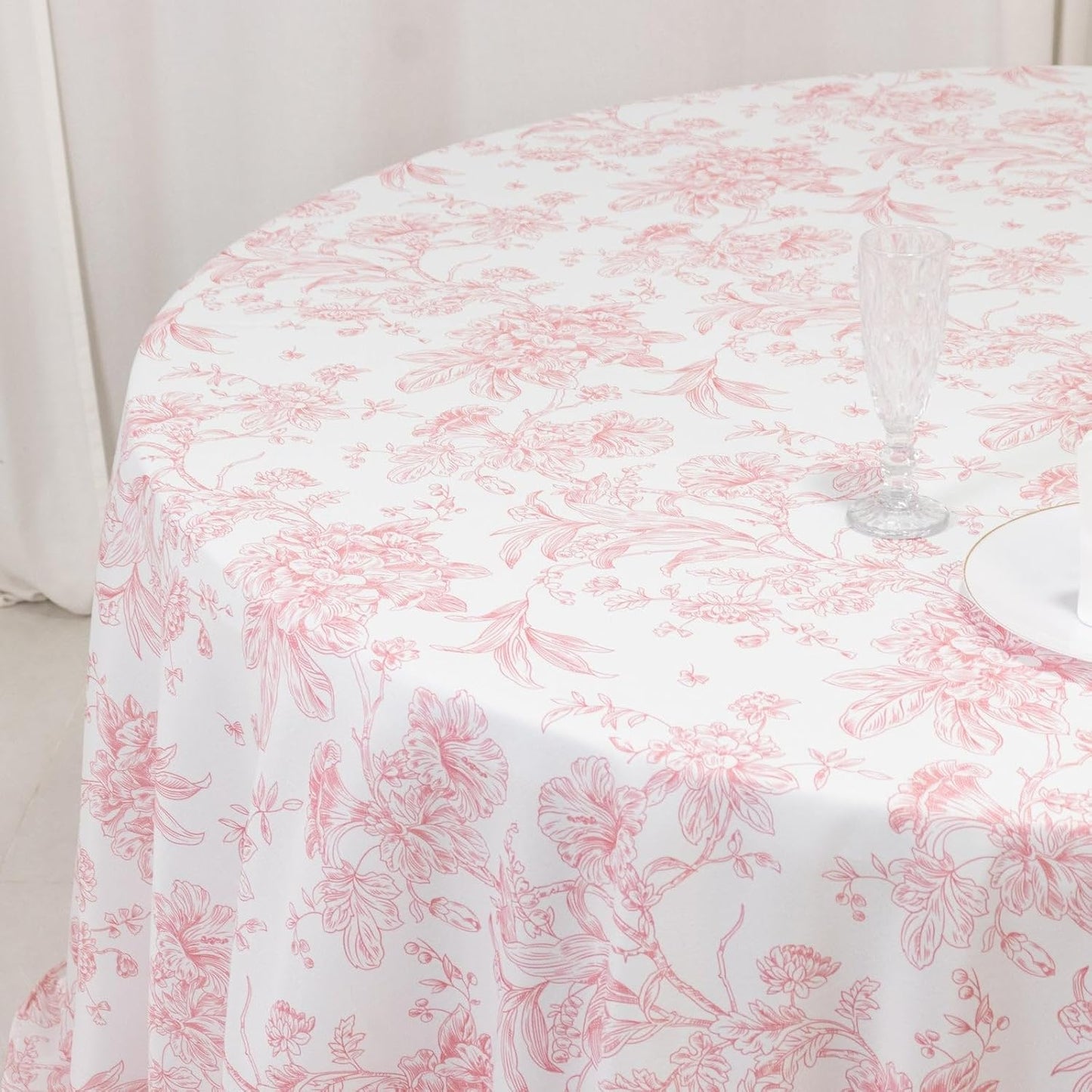 Efavormart Polyester Round Tablecloth 132" White with Pink French Toile Pattern - Sophisticated Table Cover for Chic Weddings & Events
