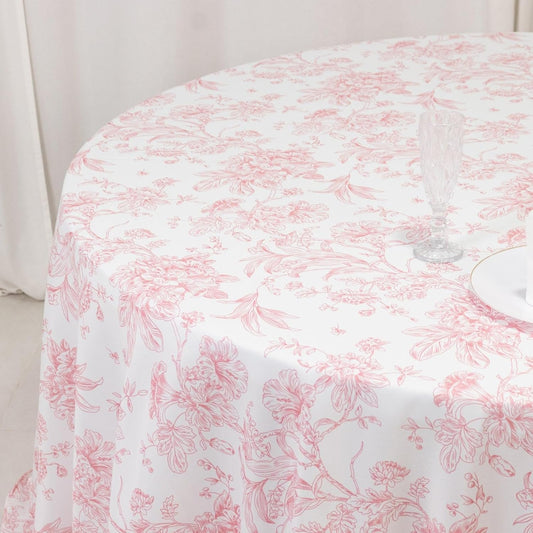 Efavormart Polyester Round Tablecloth 132" White with Pink French Toile Pattern - Sophisticated Table Cover for Chic Weddings & Events