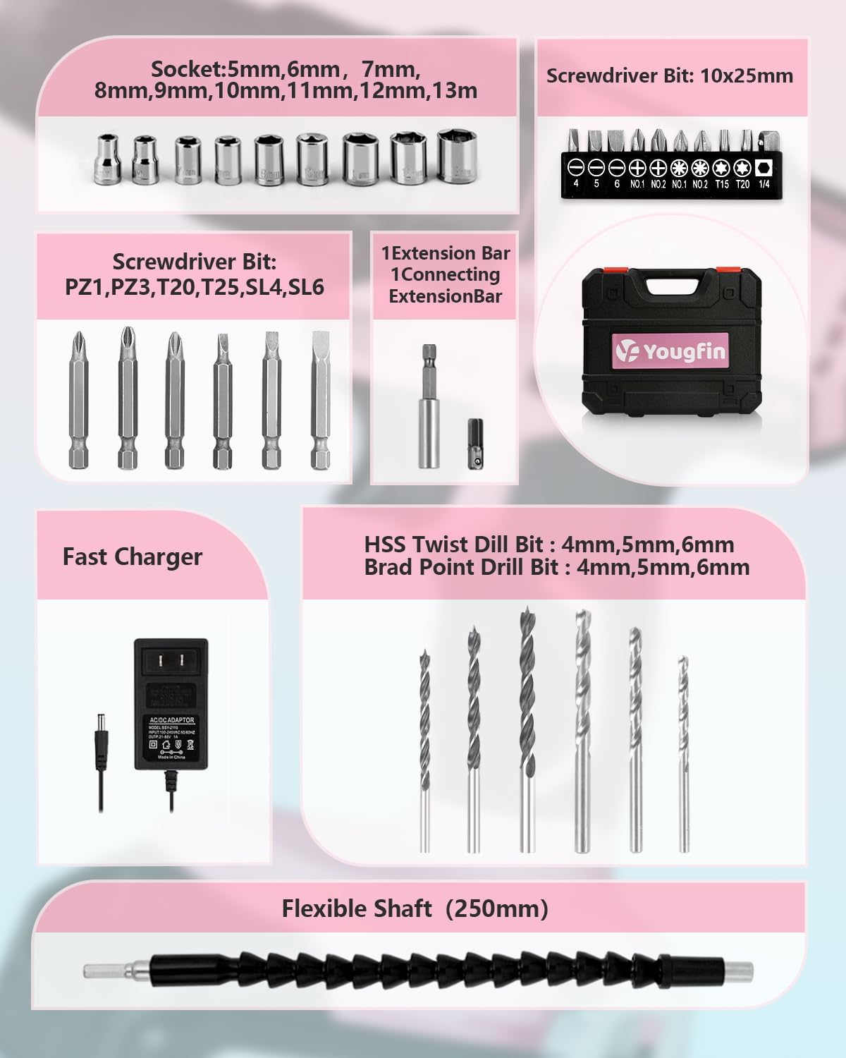 Cordless Drill Driver Set 20V Power with Battery Charger and Carrying Case, 25+1 Torque Electric Drill, Variable Speed, 266 In-lb, 3/8'' Keyless Chuck, 34pcs Driver Bit, for Women, Pink