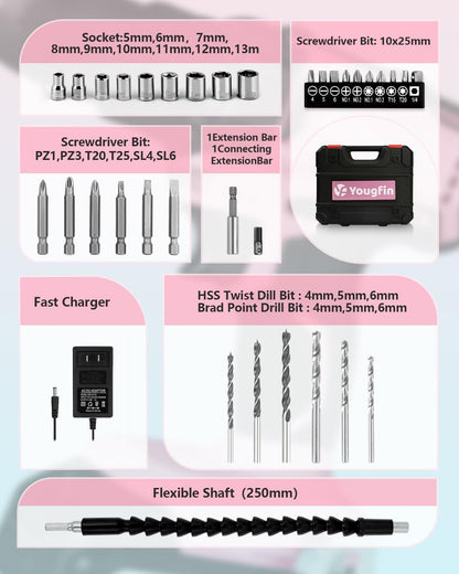 Cordless Drill Driver Set 20V Power with Battery Charger and Carrying Case, 25+1 Torque Electric Drill, Variable Speed, 266 In-lb, 3/8'' Keyless Chuck, 34pcs Driver Bit, for Women, Pink