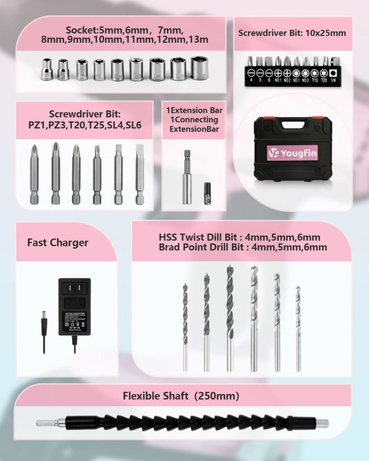 Cordless Drill Driver Set 20V Power with Battery Charger and Carrying Case, 25+1 Torque Electric Drill, Variable Speed, 266 In-lb, 3/8'' Keyless Chuck, 34pcs Driver Bit, for Women, Pink
