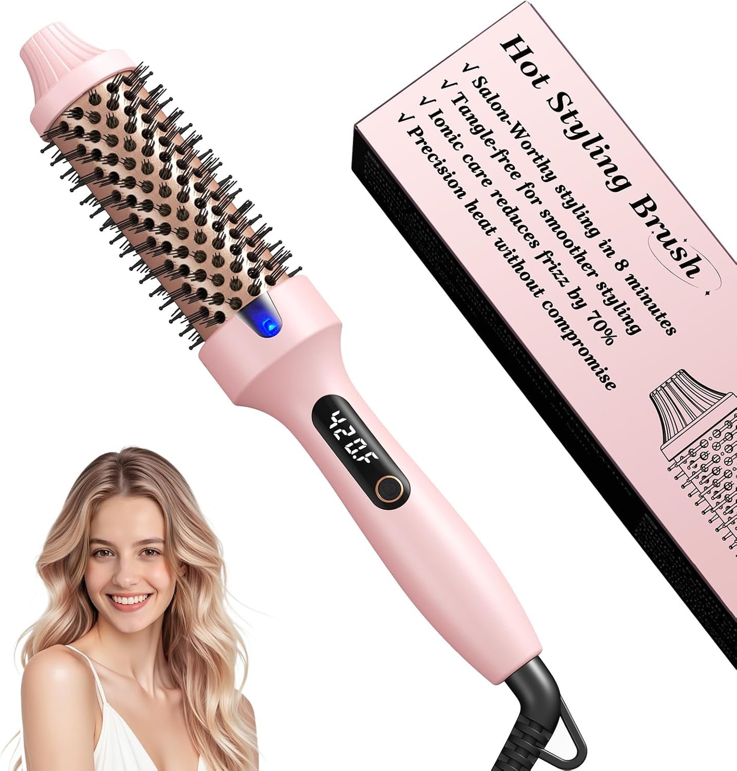 Thermal Brush, 1.5” Heated Round Brush for Dry Hair Styling, Smooths Frizz & Adds Shine, Blowout-Look Without Blow Dryer, Dual Voltage, 6 Heat Settings, Pink