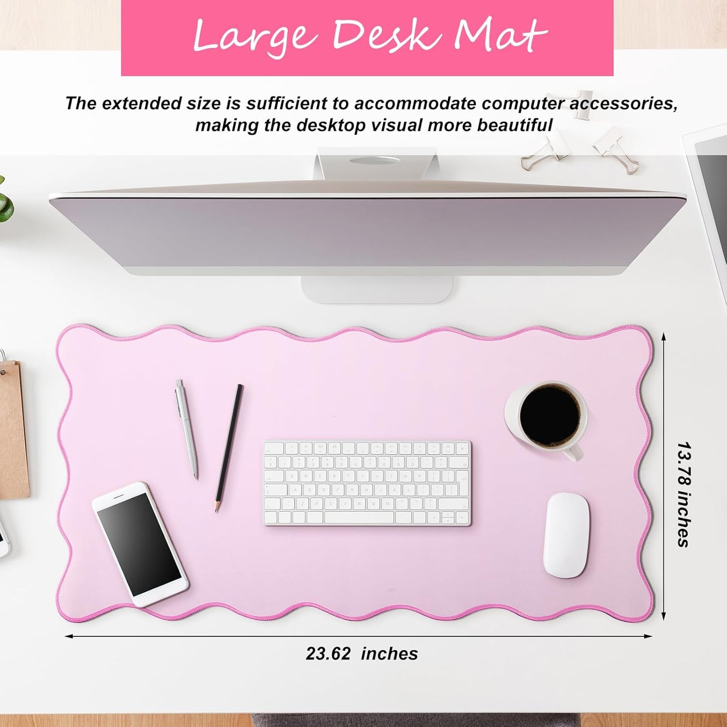 Hahafelt Scalloped Desk Mat Large Desk Pad Cute Coquette Table Mat Back to School Preppy Table Make up Pad Nonslip Graduation Gift with Stitching Waterproof Gaming(Pink,23.6 x 13.8 Inches)