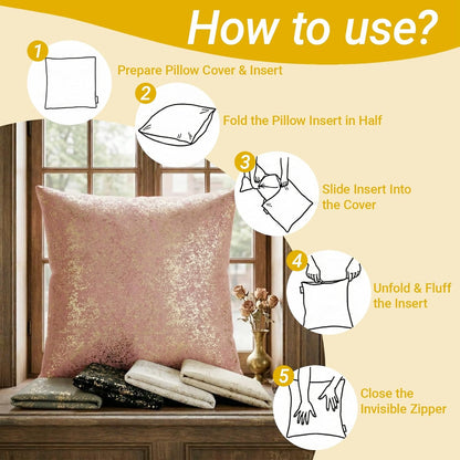 Q&J FABRIC CO. 2 Pack Velvet Throw Pillow Covers 20x20'', Luxury Dutch Fleece Soft Square Cushion Cases Gold Foil Embossed for Sofa & Home Decor Pink