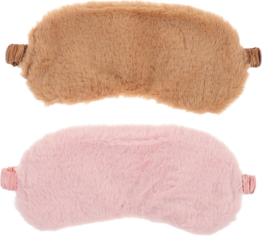 Cute Cartoon Faux Fur Eye Mask 2pcs Set Soft Plush Sleeping Blindfolds in Pink and Brown for Comfortable Sleep and Travel