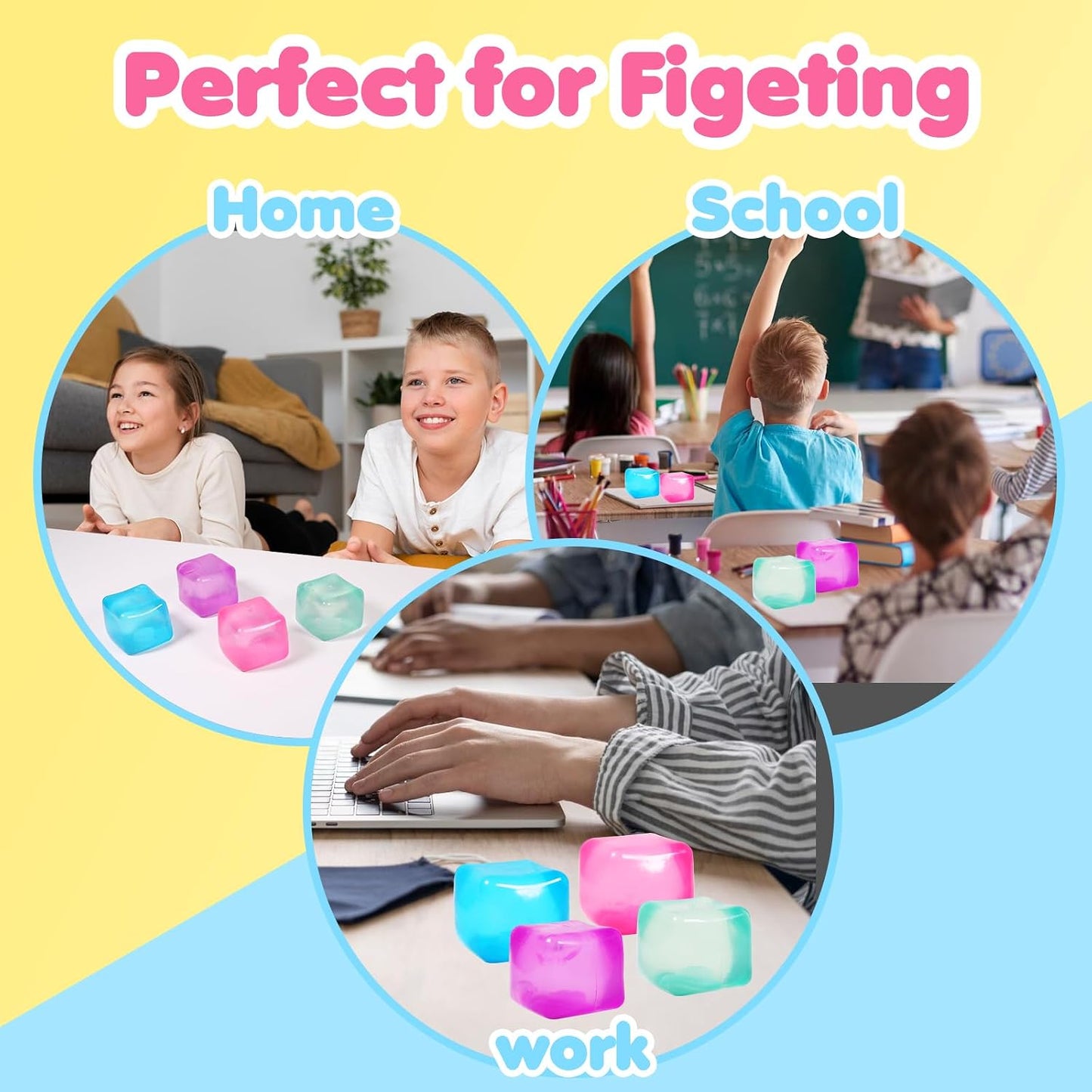 3pack Stress Cube Squishy Stress Balls for Adults Kids Fidget Toy for Your Best Mellow and Chill -Ice Cubes-Square Shape with Filling in Pink Purple Blue (3pcs Cube )