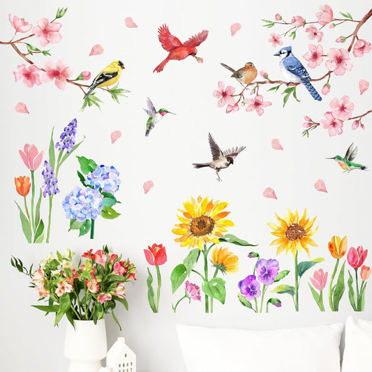 Mfault Spring Summer Floral Birds Wall Decals Stickers, Watercolor Peach Blossom Flower Sunflower Tulip Decorations Bedroom Art, Cardinal Bluebird Hummingbird Goldfinch Home Living Room Kitchen Decor