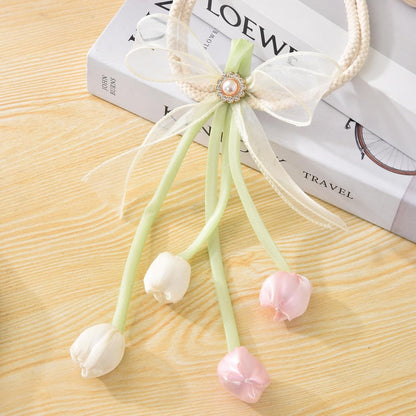 SUQ I OME 1 Pair of 100% Handmade Tulip Flower Curtain Tiebacks with Bowknot,Curtain Ties,Curtain Holdbacks,Pink