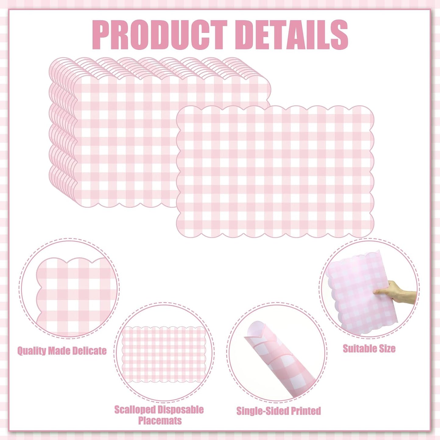 60 Pcs Pink Gingham Paper Placemat Party Supplies Gift Scalloped Table Placemat 17.7 X11.8 Inch Disposable Decorative Paper Mats Bulk for Valentine's Anniversay Baby Shower Wedding Banquet