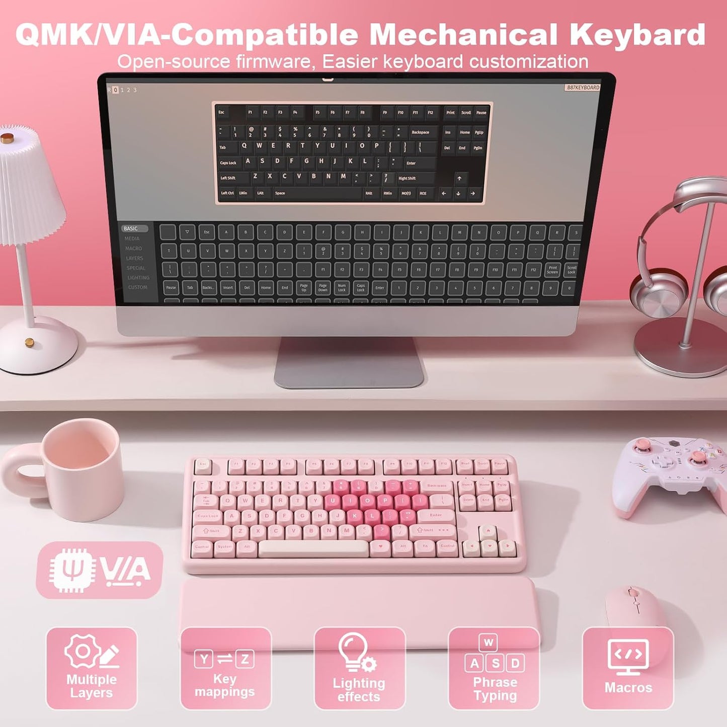 YUNZII B87 Wireless Mechanical Keyboard,QMK/VIA Programmable,TKL Layout 87 Keys,BT/2.4G/USB-C,Hot Swap Gasket Mount RGB Backlit Gaming with Wrist Rest for Win/Mac (Pink, Milk V2)