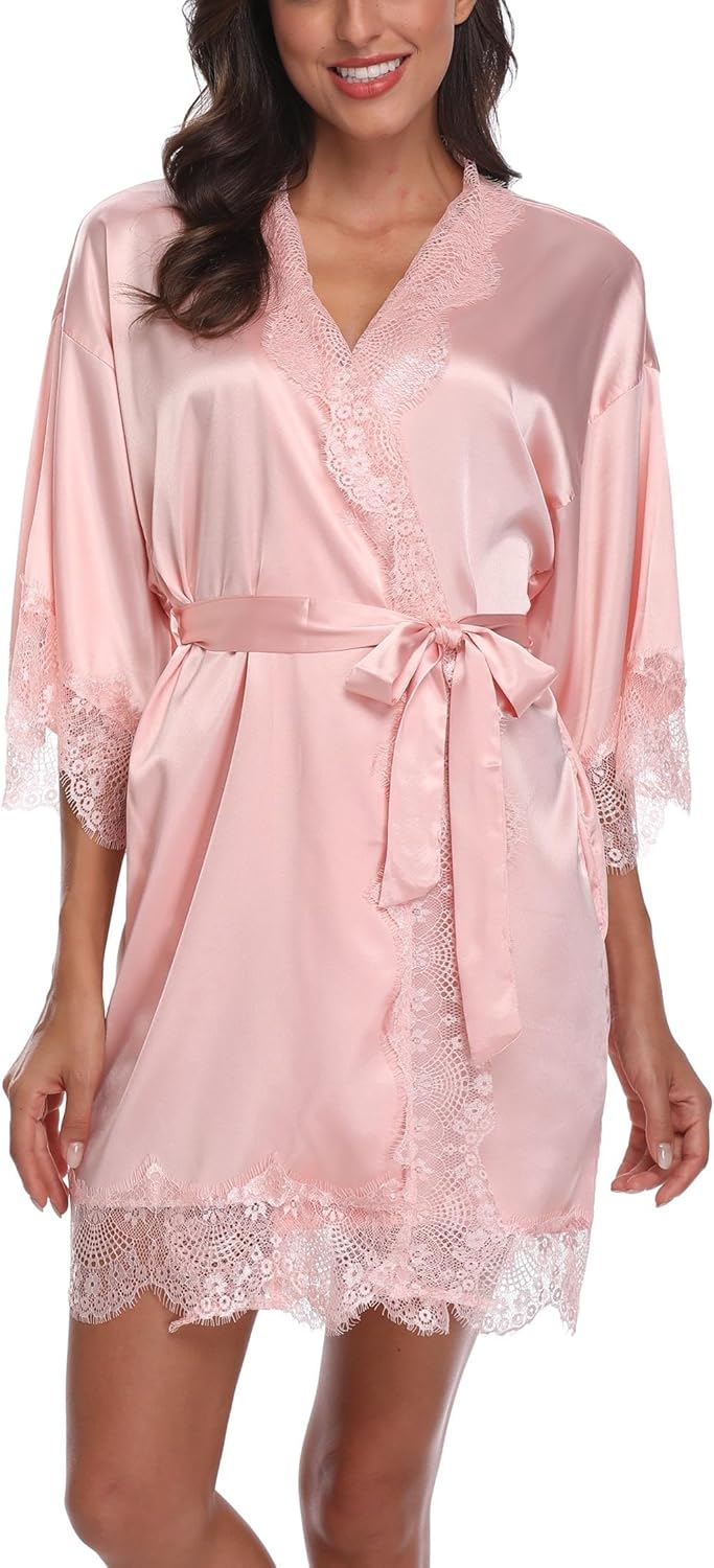 VOGMATE Women's Satin Robe with Lace Trim Sexy Short Silk Bridal Robes for Bride Bridesmaids Wedding Lightweight Cute Robe