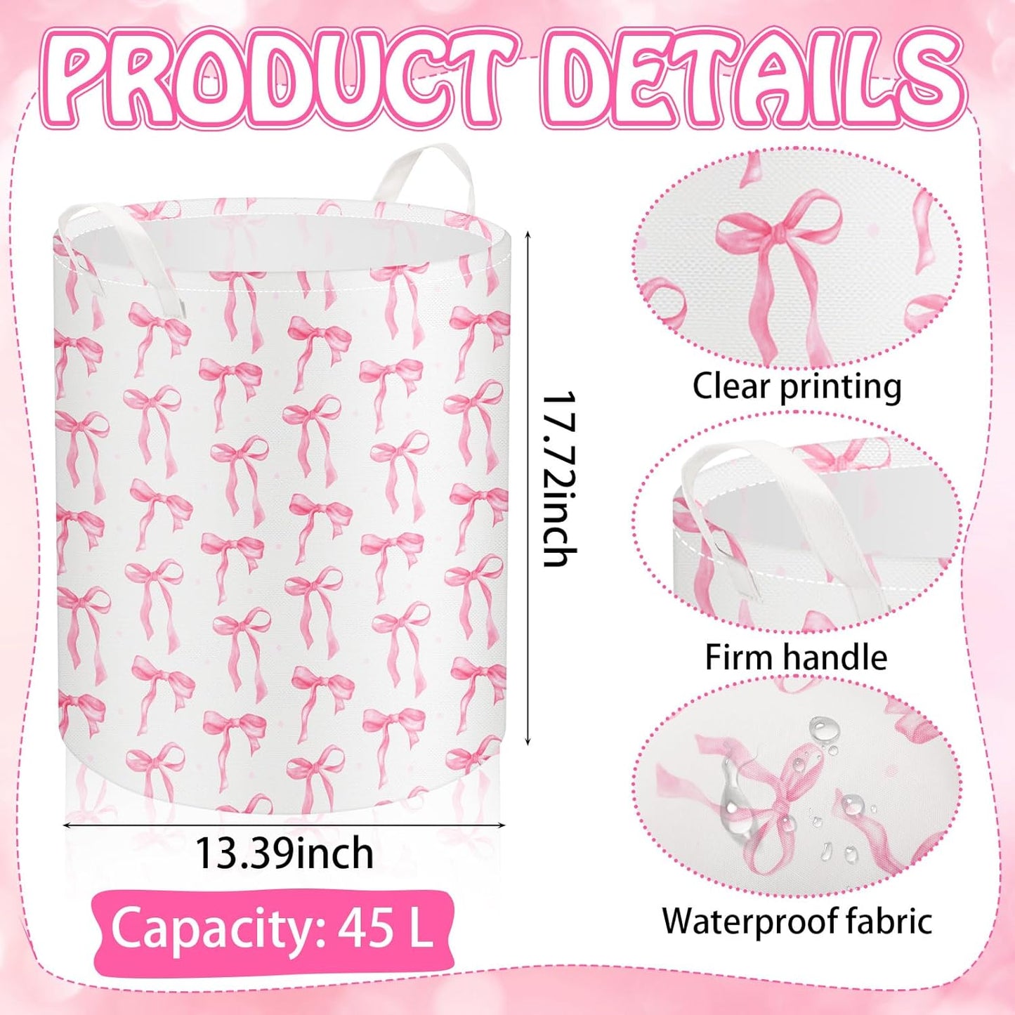 CroBlissful 1 Pcs Coquette Pink Bow Laundry Basket Pink Bow Nursery Laundry Basket Hamper Waterproof Collapsible Storage Bin Organizer for Bedroom Bathroom Room Dorm Clothes Toys