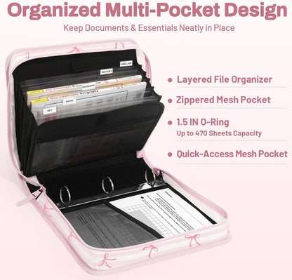 SUNEE Zipper Binder with Handle, 1.5 Inch O-Ring, 325 Pages Capacity, with 5-Tab Expanding File Folder for Classified Storage, Small Size Lightweight Zipper Bag for Middle School Students, Pink Bow