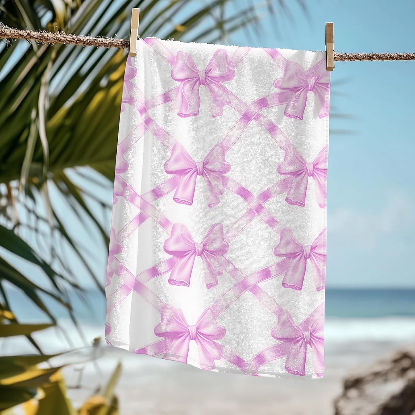 Coquette Preppy Pink Bow Beach Towel - Aesthetic Girly Trendy Purple Bowknot Pool Towels Microfiber Absorb Water Travel Towels 60x30 Inches for Bathroom Kitchen Gym Yoga, Gifts for Girls Lady