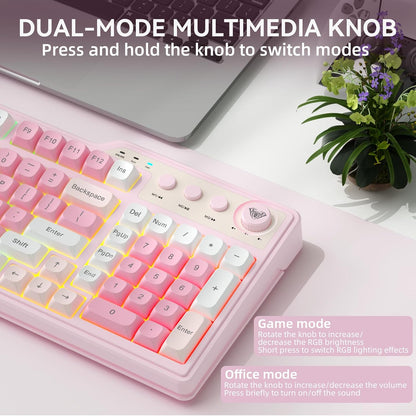 Aula F3099 Wireless Keyboard with Media Knob, Tri-Mode BT5.0/2.4GHz/USB-C Cute Creamy Keyboard with Number Pad, RGB Backlit Gaming Keyboard, Quiet Typing Pink Computer Keyboards for Office Laptop/PC