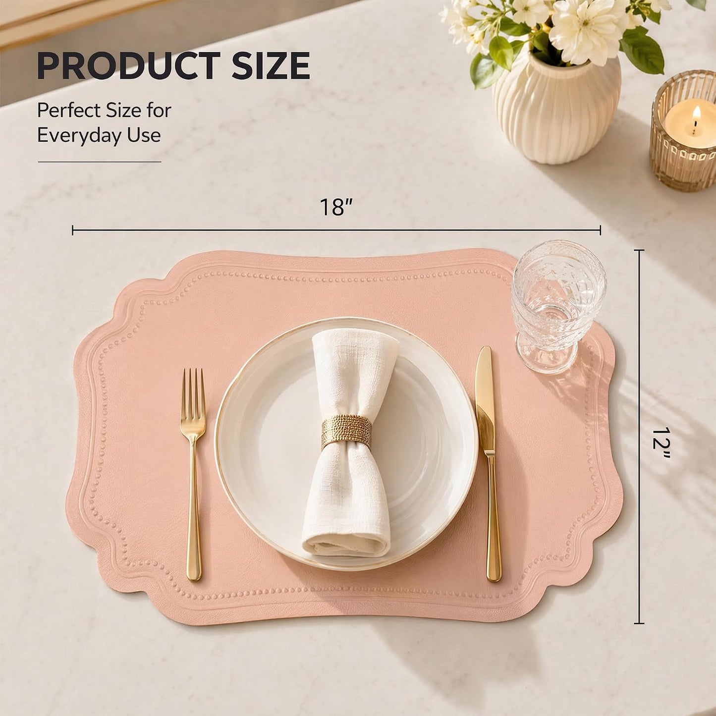 Solid Placemats Set of 6 Leather Placemats for Kitchen Dining Table Decor, Heat Resistant Table Placemats, Waterproof Table Mat 18x12in Pink