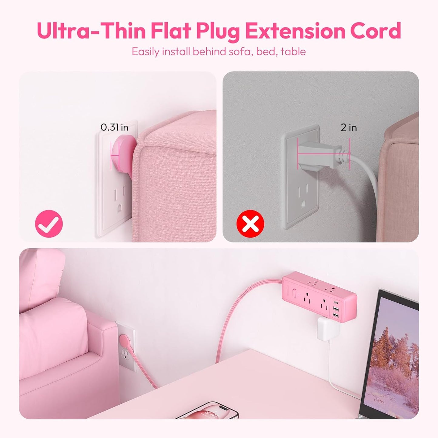 NTONPOWER Pink Extension Cord 10 ft, 1080 Joules Surge Protector Power Strip with 6 Widely Outlets 3 USB (1 USB C), Flat Plug Extension Cord Power Strip Long Cord for Home Office Dorm Room Essentials