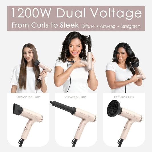 TOME Dual Voltage Travel Hair Dryer, Foldable Blow Dryer, DC Motor, 1200W Fast Drying, Cool Shot, 3 Heat 3 Speed, Nozzle, Diffuser, Air-Powered Wrap Wands, 120–240V Universal Adapter Red (Pink)