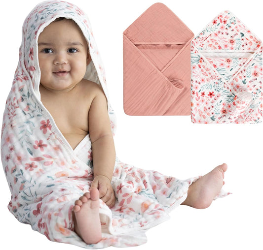 2 Pack Hooded Baby Towel Set 6-Layer Ultra Soft Absorbent Muslin Cotton Bath Towels 35x35 Inches for Newborns, Infants, Toddlers & Kids Ideal Gift Registry Essential (Pink, 90x90 cm)