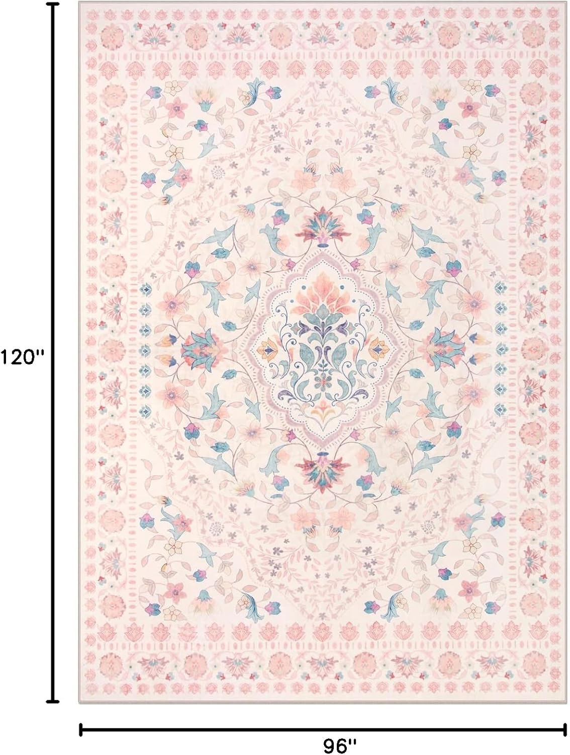 Wonnitar Boho Floral 8x10 Pink Area Rug, Washable Kids Rugs for Bedroom, Large Ultra-Thin Soft Non Slip Carpet for Nursery Living Room Playroom Classroom, Pastel Pink