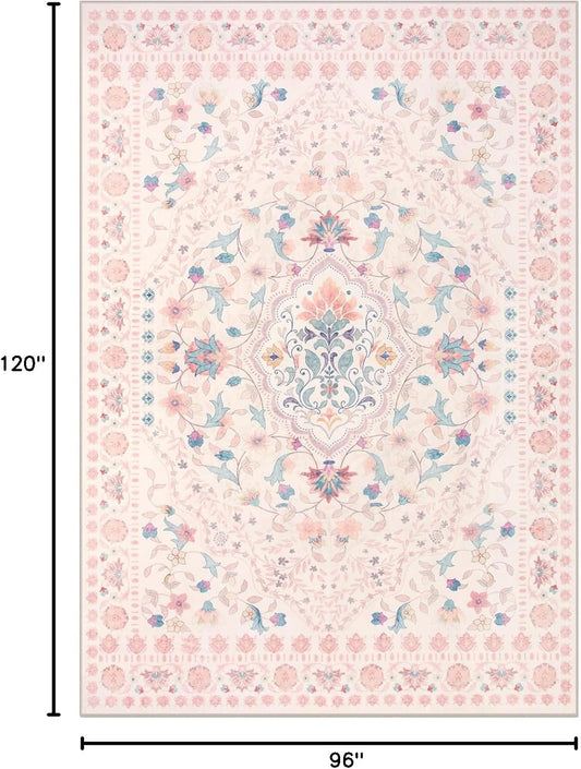 Wonnitar Boho Floral 8x10 Pink Area Rug, Washable Kids Rugs for Bedroom, Large Ultra-Thin Soft Non Slip Carpet for Nursery Living Room Playroom Classroom, Pastel Pink