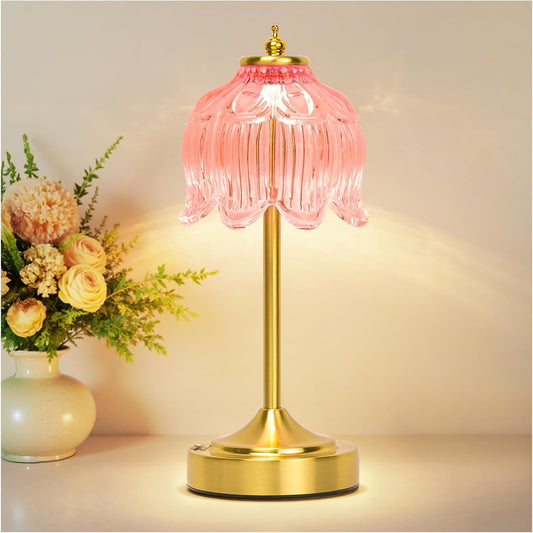 Cordless Lotus Flower Table Lamp, 5200mAh Rechargeable Battery Operated Portable Lamp, 3-Color Dimmable Touch Control Small Desk Lamp for Bedroom, Office, Kitchen, Nightstand,Room Decor (Flower Pink)