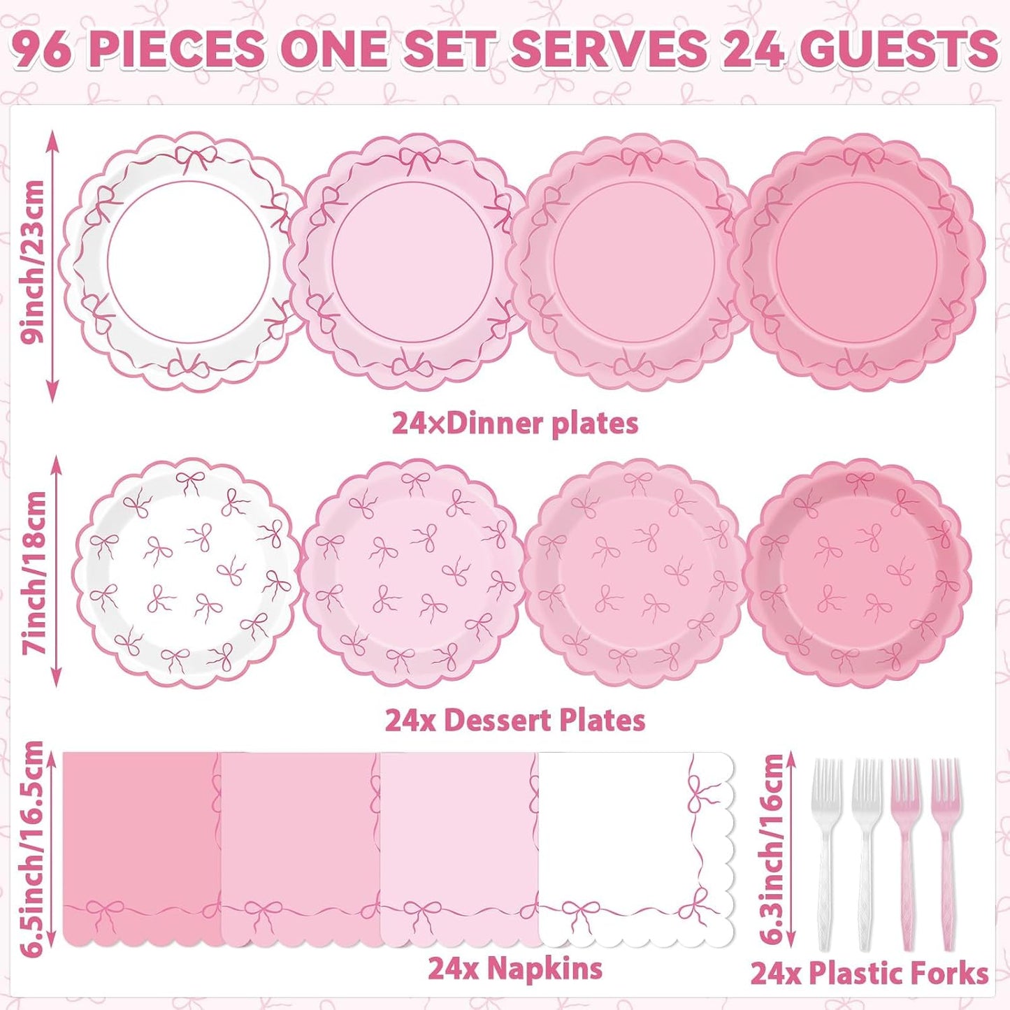 96pcs Pink Bow Party Supplies Bow Scalloped Paper Plates and Napkins Pink Bowknot Party Decors for Girl Bachelorette Bridal Engagement Baby Shower Coquette Cute Tableware Dinnerware Serves 24 Guests