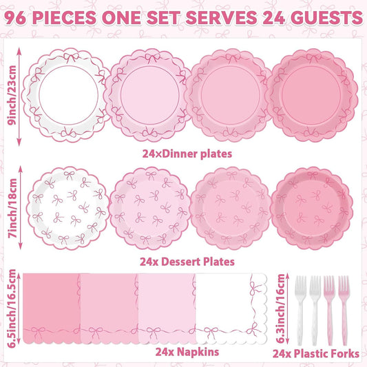 96pcs Pink Bow Party Supplies Bow Scalloped Paper Plates and Napkins Pink Bowknot Party Decors for Girl Bachelorette Bridal Engagement Baby Shower Coquette Cute Tableware Dinnerware Serves 24 Guests