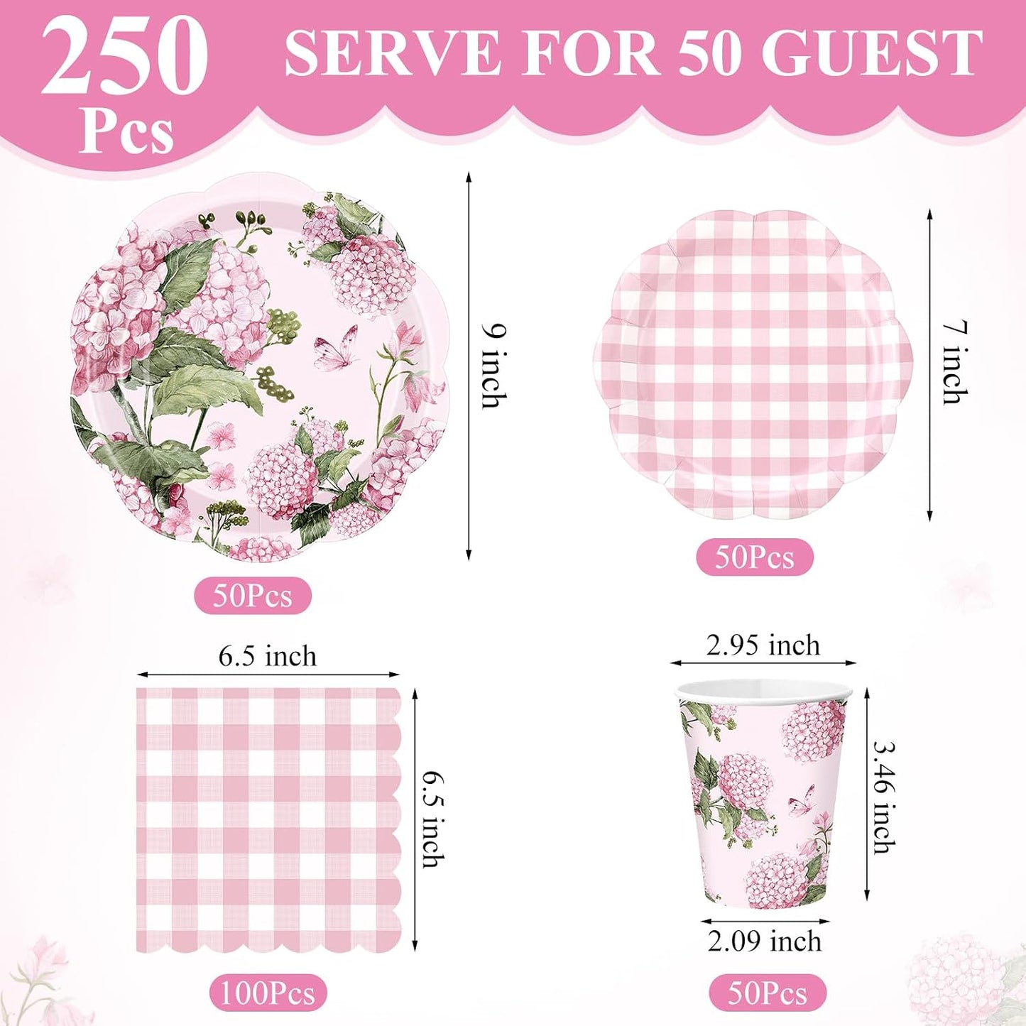Pickmesh 250 Pcs Pink Hydrangea Party Supplies Pink Floral Gingham Checkered Paper Plates Napkins and Cups Hydrangea Disposable Tableware Set for Summer Wedding Birthday Tea Party Decorations Serve 50