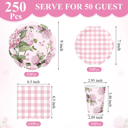 Pickmesh 250 Pcs Pink Hydrangea Party Supplies Pink Floral Gingham Checkered Paper Plates Napkins and Cups Hydrangea Disposable Tableware Set for Summer Wedding Birthday Tea Party Decorations Serve 50