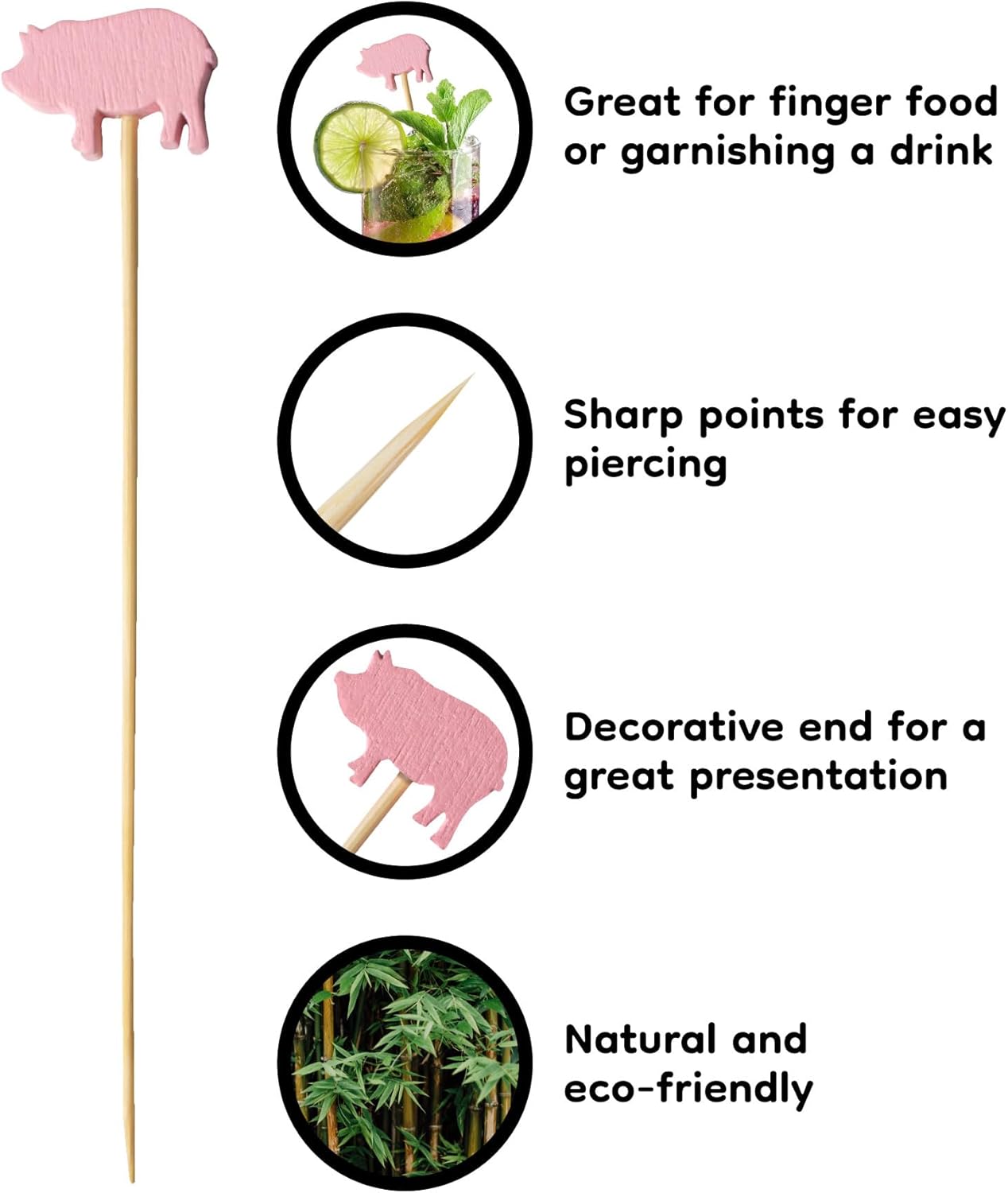 BambooMN 3.9" Pink Pig Fancy Cocktail Appetizers Bamboo Toothpick Picks Stirrer Sticks for Fruit Party, Charcuterie Accessories and Drinks, 100 Pieces