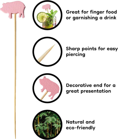 BambooMN 3.9" Pink Pig Fancy Cocktail Appetizers Bamboo Toothpick Picks Stirrer Sticks for Fruit Party, Charcuterie Accessories and Drinks, 100 Pieces