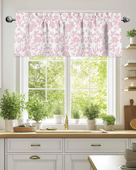 Light Pink Floral Paisley Valances for Windows, Boho Leaf Vintage Farmhouse Linen Rod Pocket Kitchen Valance, Small Window Treatment Short Curtains for Kitchen Cafe Living Room Bathroom, 42"x18"