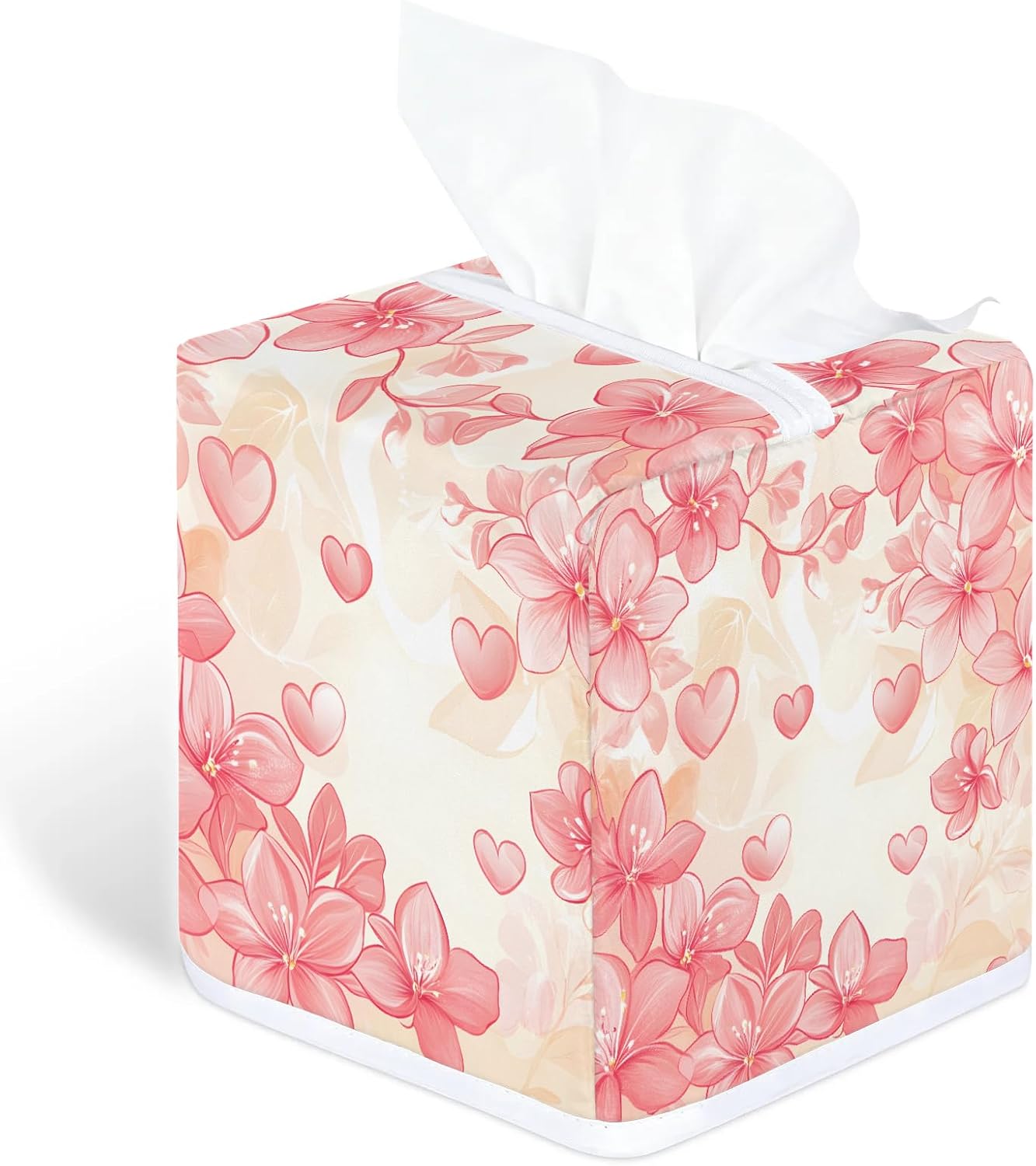 Flower Tissue Box Cover, Pink Peach Blossom Square Fabric Tissue Box Holder, Reusable Toilet Paper Dispenser for Bathroom Home Car Nightstand Storage Organizer 5" x 5" x 5.5"