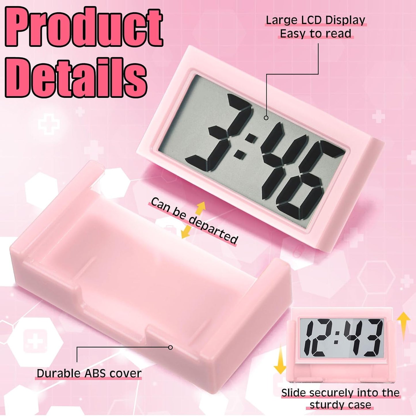 Frienda 3 Pieces Mini Digital Clock Small Digital Clock Stick on Battery Operated Self Adhesive Bracket for Car Dashboard Fridge (Pink)