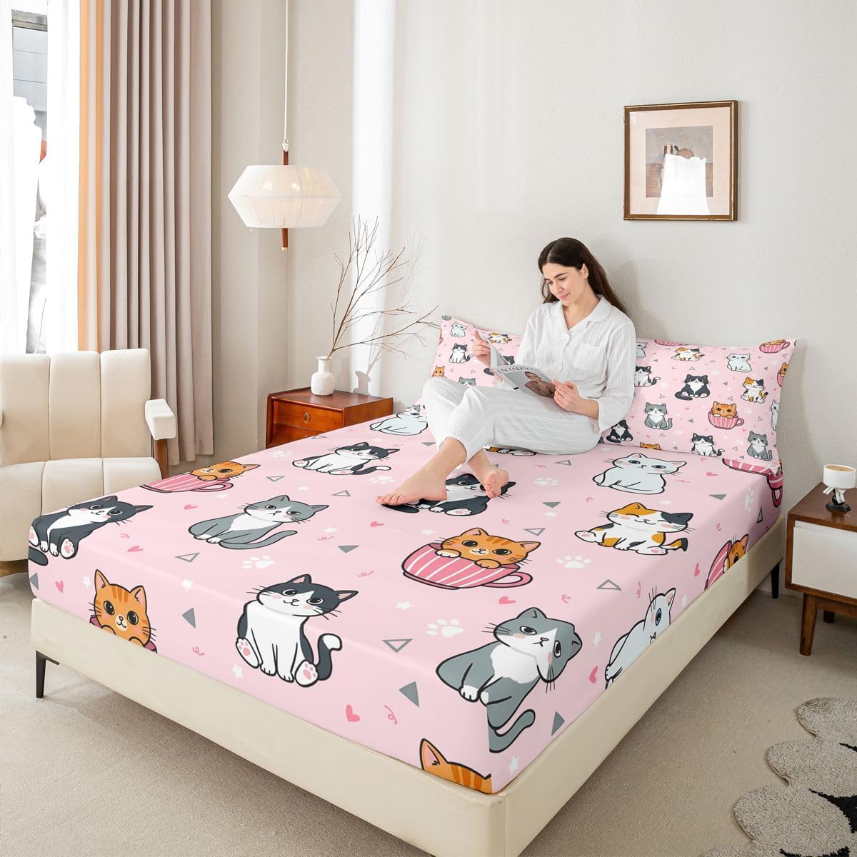 Manfei Cartoon Cute Cat Fitted Sheet Set Mug Kitten Paw Print Bedding Set for Kids Bedroom Heart Sweet Kawaii Bed Sheet Set 2pcs Deep Pocket Mattress Cover,No Top Flat Twin Peach Pink