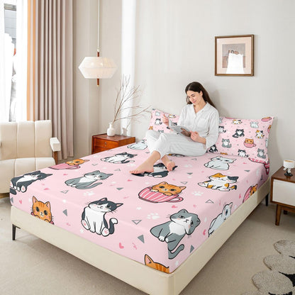 Manfei Cartoon Cute Cat Fitted Sheet Set Mug Kitten Paw Print Bedding Set for Kids Bedroom Heart Sweet Kawaii Bed Sheet Set 2pcs Deep Pocket Mattress Cover,No Top Flat Twin Peach Pink