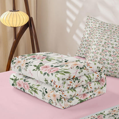 Erosebridal Flower Zipper Bedding Set Twin Rose Zip Up Comforter Set with Sheets Peach Blossom Kawaii Ribbon Bow Bed in a Bag Princess Girly Leaves Floral Theme Bed Sets with 2 Pillowcases