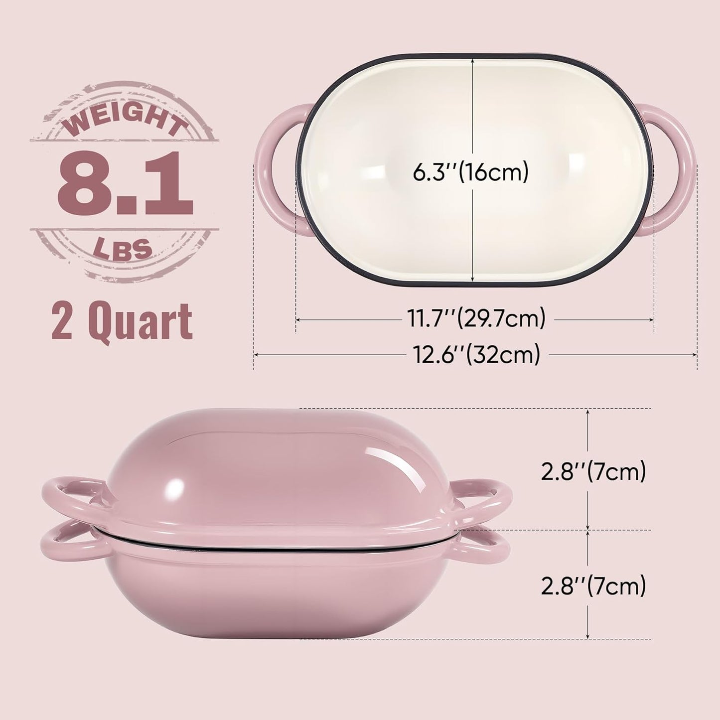2 QT Oval Dutch Oven for Bread Baking,Enamelled Cast Iron Bread Oven for Sourdough, Sourdough Loaf Pan with Lid, Heavy-Duty Non Stick Bread Pan for Homemade Bread Baking, Pink