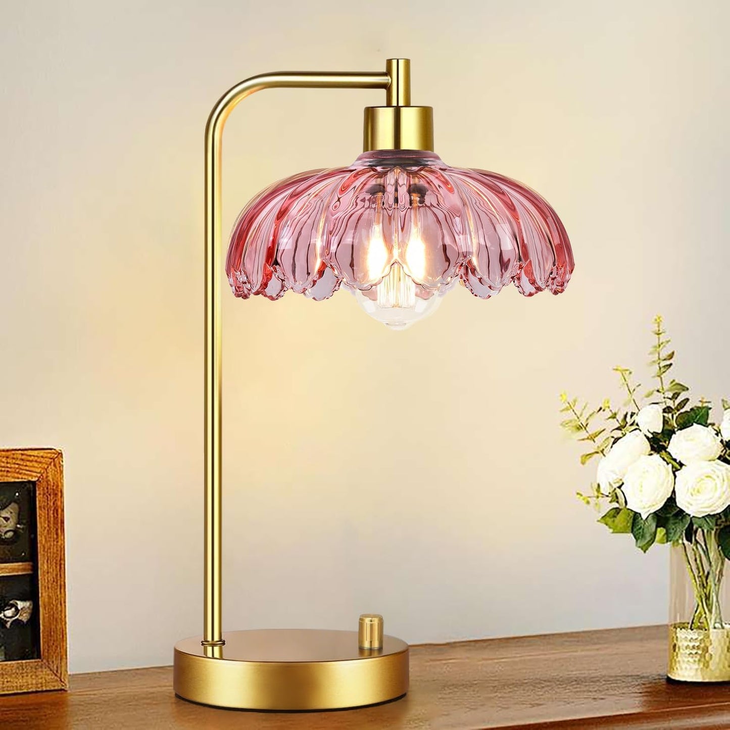ILLMTW Pink Table Lamp Set of 2,Small Gold Bedside Lamps Dimmable Boho Bedroom Lamp with Tulip Flower Glass Lamp Shade,Vintage Mid Century Modern Mini Nightstand Lamp for Bedroom Living Room