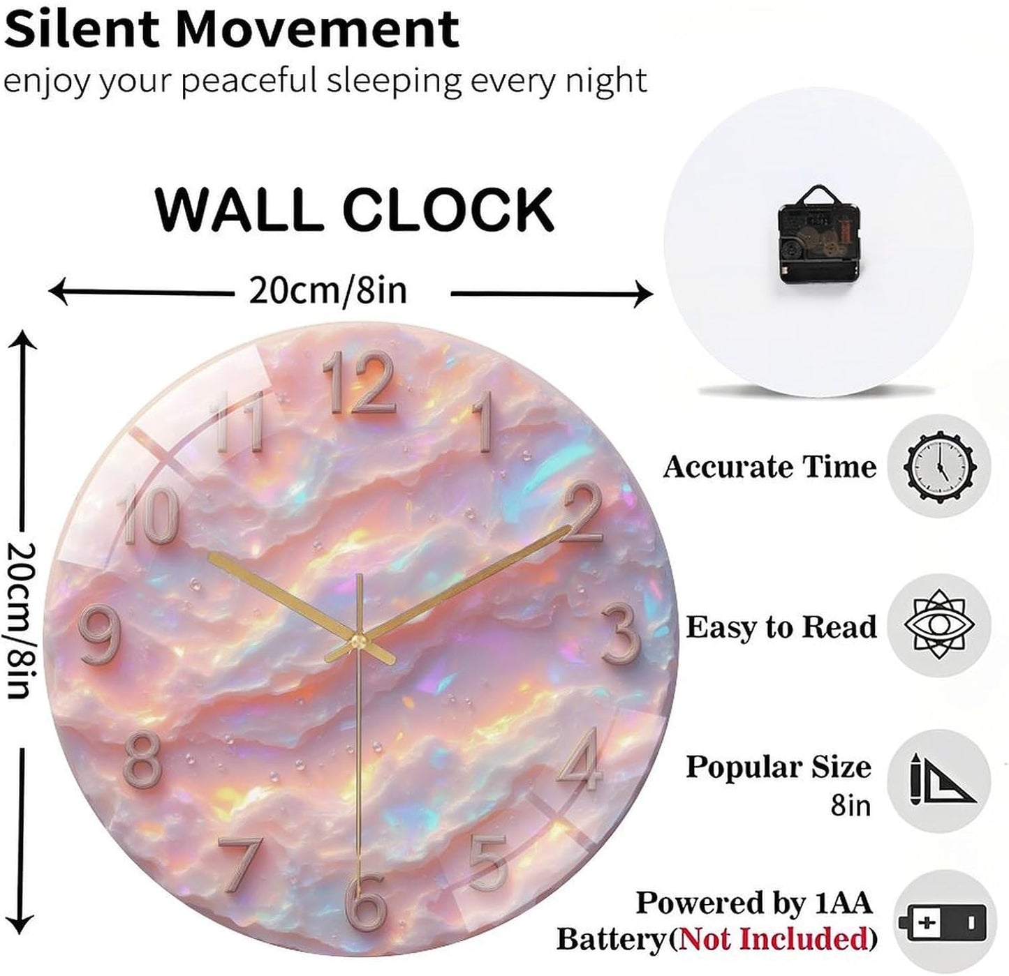 8-Inch Silent Acrylic Wall Clock, Pink Opal Clock Face Numbers Droplets ” Silent Non-Ticking Clock, Artistic Home Decor for Kitchen Bathroom Bedroom Living Room Office