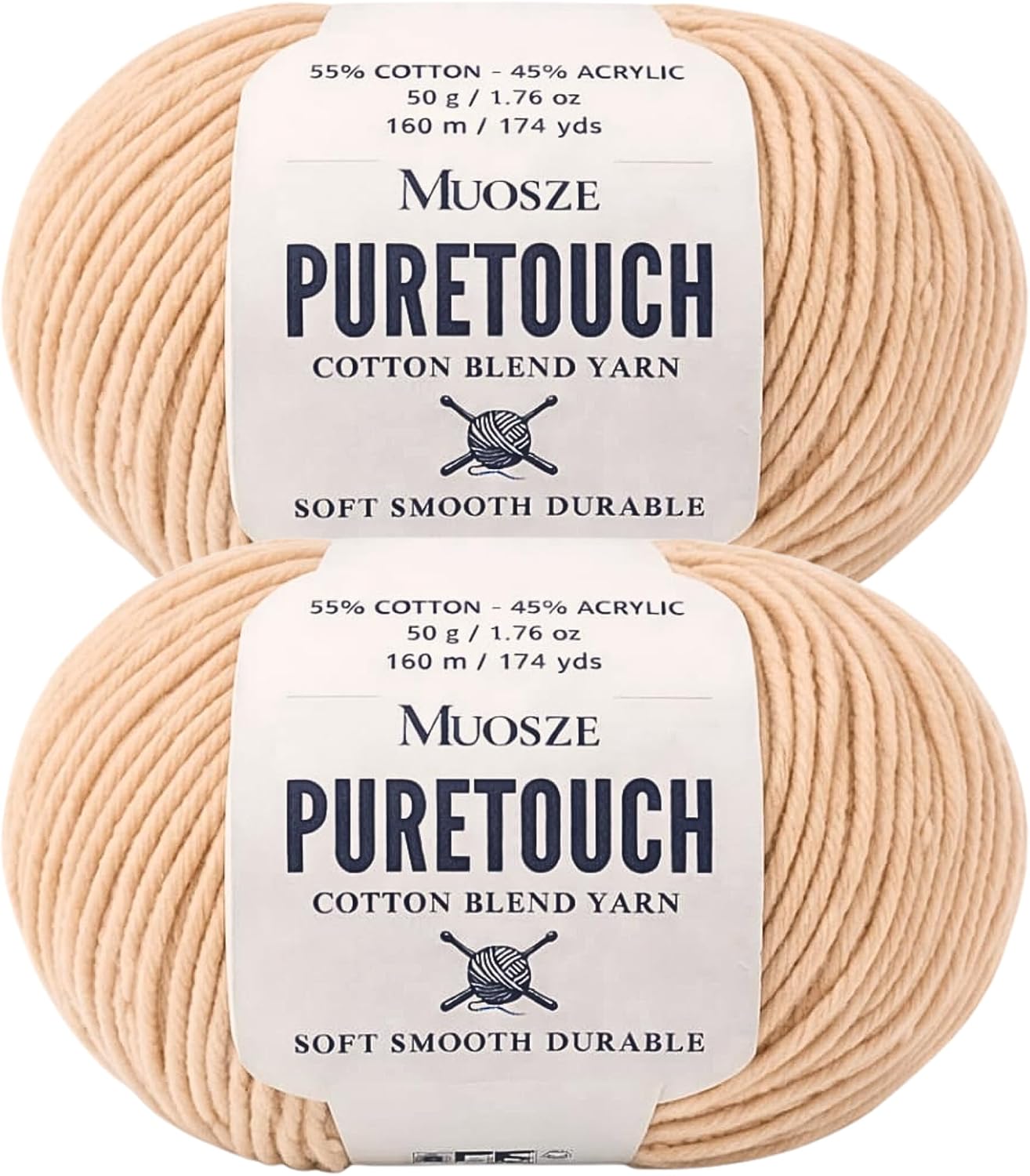 PureTouch Cotton Blend Yarn, Soft & Durable Crochet Yarn for Knitting & Amigurumi, 174 Yards, 50g, 55% Cotton 45% Acrylic (Peach Beige, 2 SKEINS)