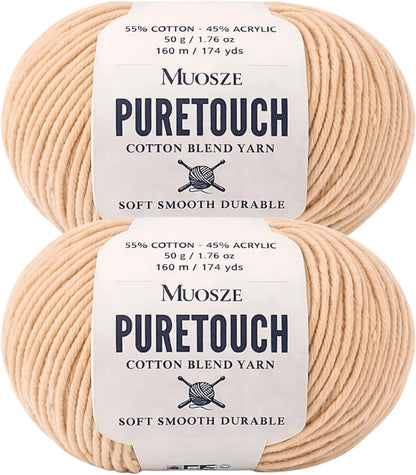 PureTouch Cotton Blend Yarn, Soft & Durable Crochet Yarn for Knitting & Amigurumi, 174 Yards, 50g, 55% Cotton 45% Acrylic (Peach Beige, 2 SKEINS)