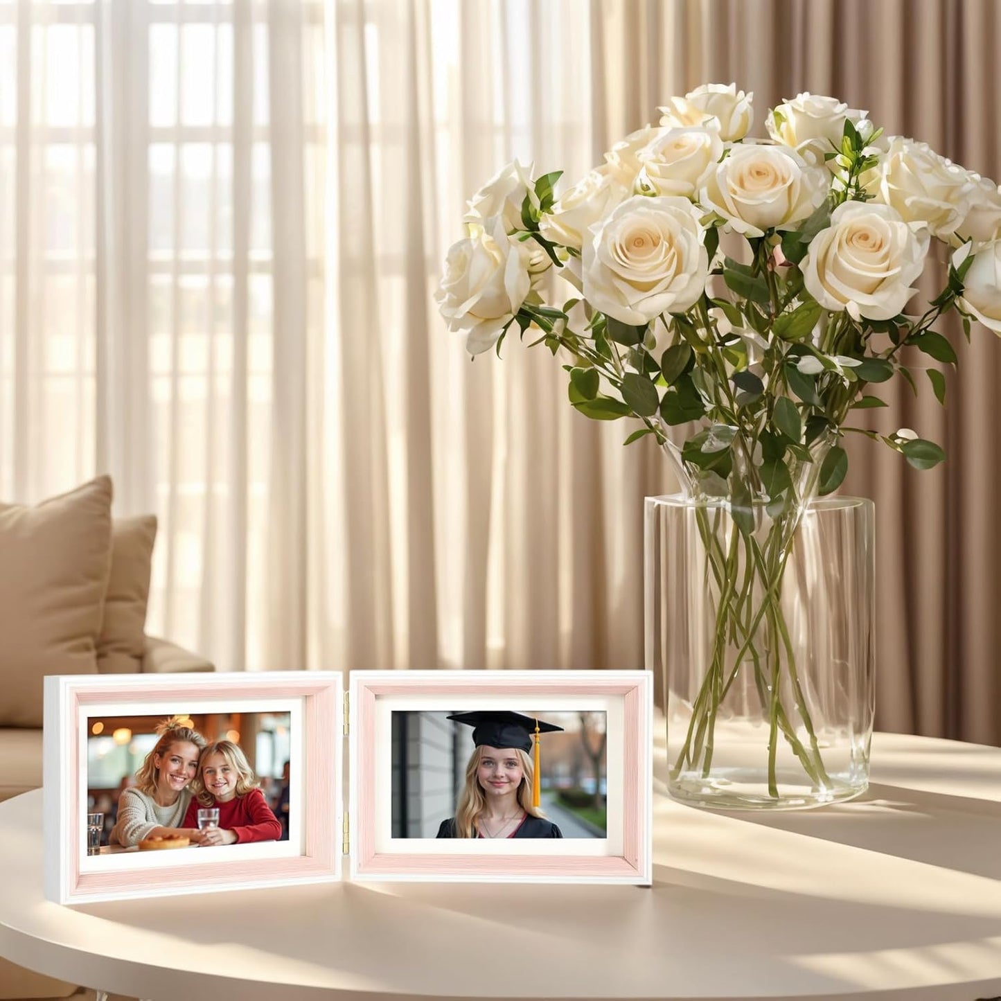 Double Hinged 5x7 Picture Frame with Real Glass in WhitePink- Display 4x6 with Mat or 5x7 without Mat, Foldable Photo Frame for Tabletop, Nice Gift for Family & Wedding Memories(PS006-PKH7)