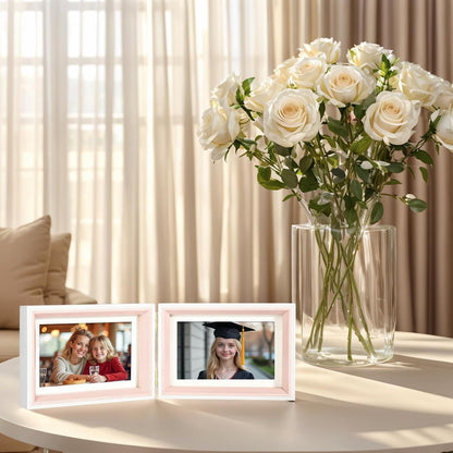 Double Hinged 5x7 Picture Frame with Real Glass in WhitePink- Display 4x6 with Mat or 5x7 without Mat, Foldable Photo Frame for Tabletop, Nice Gift for Family & Wedding Memories(PS006-PKH7)