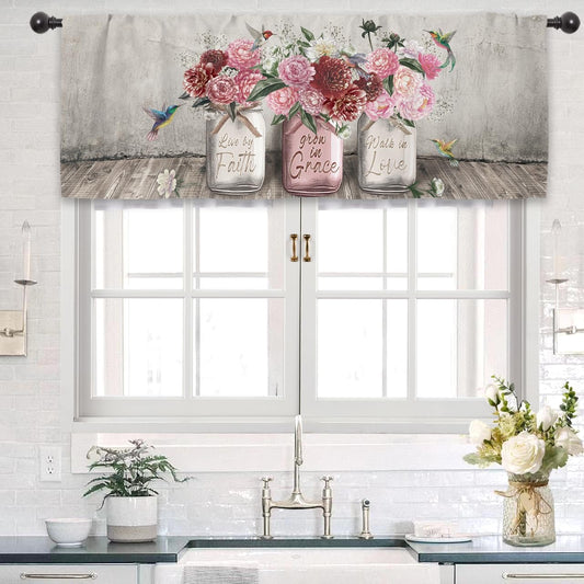 Rustic Farmhouse Peony Rose Kitchen Curtain Valance 54W x 18L Inch Barn Door Pink Red Flower Country Wooden Inspirational Rod Pocket Short Cafe Small Window Treatment Drapes Decor