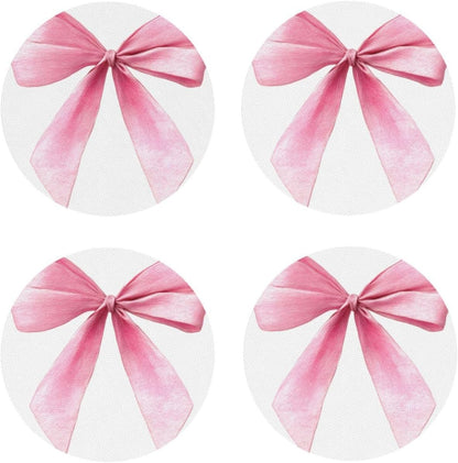Watercolor Light Pink Coquette Bow Drinks Coasters Set of 4 Leather Drink Coasters for Tabletop Protection Heat Resistant Bar Cup Mat Pad