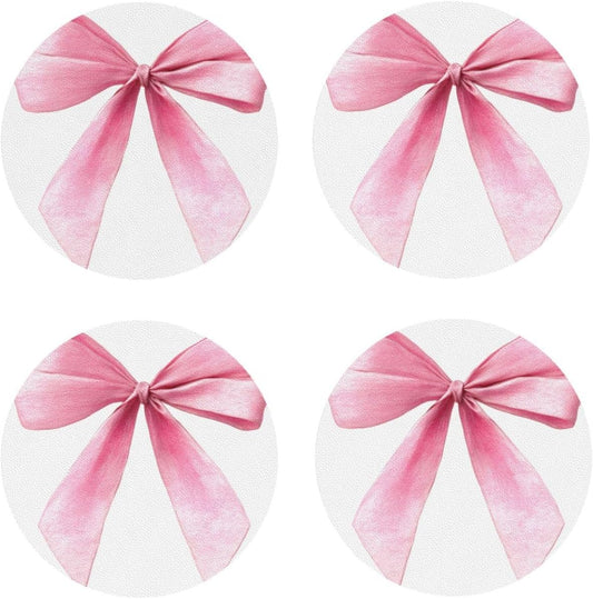 Watercolor Light Pink Coquette Bow Drinks Coasters Set of 4 Leather Drink Coasters for Tabletop Protection Heat Resistant Bar Cup Mat Pad