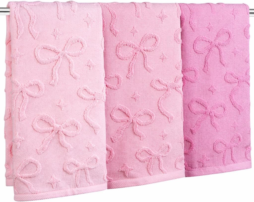 Shemilly 3pcs Bow Hand Towels Set Pink Bow Jacquard Hand Towel for Bath 100% Cotton Soft Bathroom Kitchen Decorative Set for Spring Summer Holiday Decor Gift,14 x 29 Inch